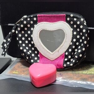 Valentine's Day Small Cosmetic Pouch W Heart Shaped Mirror&Pink Plastic Jew. Box